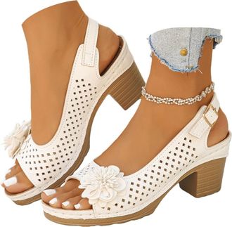 Generic Block Heel Sandals for Women Open Toe Ankle Strap Chunky High Heels Foral Sandals Casual Hollow Out Summer Dressy Sandal Slingback Chunky Block Heel D