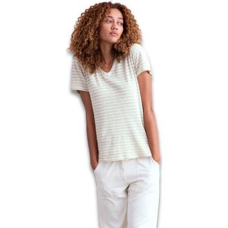 Celtic & Co. Relaxed V-Neck Linen Blend T-Shirt in Ecru Oatmeal Stripe at Nordstrom, Size 12