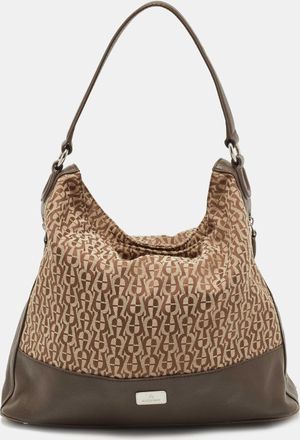 Aigner Beige/brown Monogram Canvas And Leather Side Zip Hobo