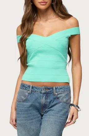 Edikted Niva Off the Shoulder Bandage Knit Top in Aqua at Nordstrom, Size X-Large