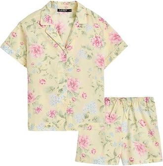 Lauren Ralph Lauren Cotton Lawn Short Sleeve Collar Boxer Pajama Set Womens Pajama Sets Yellow Ground Floral : MD (US 8-10), Cotton/Viscose