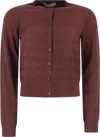 Tory Burch T Monogram Jacquard Cardigan - Dames - Vesten - Bruin - L - Polyester - Truien & Vesten