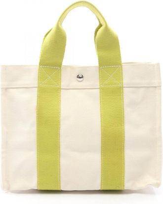 Herm&egrave;s Green Ivory Canvas Tote Bag (Pre-Owned)