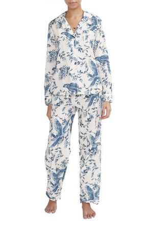 Desmond & Dempsey Long Pajama Set in Parrot Cream/blue at Nordstrom, Size X-Large Uk