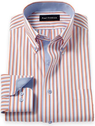 Paul Fredrick Slim Fit Comfort Stretch Non-iron Stripe Dress Shirt With Contrast Trim