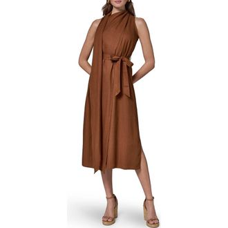 DKNY Sleeveless Linen Blend Midi Dress in Cognac at Nordstrom, Size 12