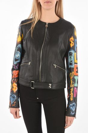 Philipp Plein COUTURE Leather Jacket GRAFFITI with printed sleeves Philipp Plein