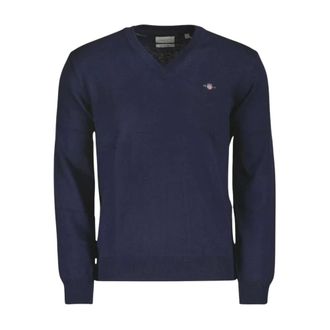 GANT V-neck Knitwear, male, Blue, S, Cotton Wool V-neck Jumper
