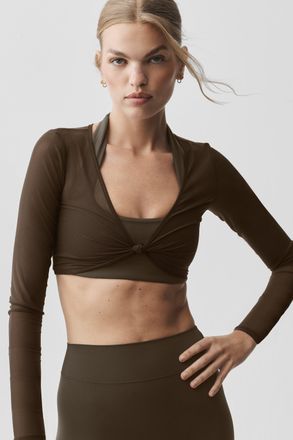 Alo | Mesh Knotty Long Sleeve Shorts Short Sleeves Top in Espresso, Size: Medium