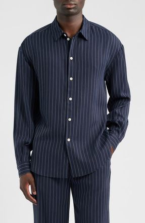 Krost Long Pinstripe Button-Up Shirt in Dark Navy at Nordstrom, Size Medium