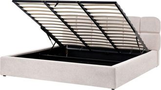 Beliani EU Super King Size Bed Light Beige Fabric 6ft Upholstered Frame Biscuit Headrest with Storage BASTON