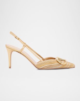 Valentino Garavani 80mm VLogo Signature Metallic Slingback Pumps with Cornely Embroidery