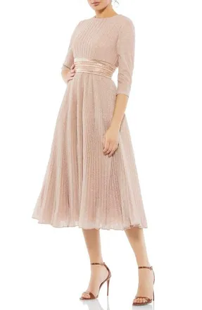 Mac Duggal Shimmering 3/4 Sleeve A-Line Midi Dress in Rose Gold at Nordstrom, Size 16