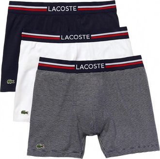 Lacoste Mens Long Stretch Cotton Jersey Boxer Brief - 3-Pack In White/navy/navy Stripe