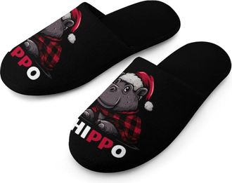 Generic Christmas Hippo Buffalo Plaid Mens Slippers Warm Non-Slip Houes Shose Spa Slipper for Home Bedroom