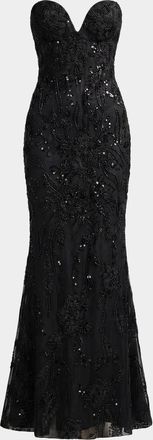 Mac Duggal Floral Embellished Mesh Strapless Column Gown