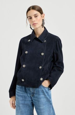 Brunello Cucinelli Couture suede cropped pea coat in Blue at Nordstrom, Size 48 It