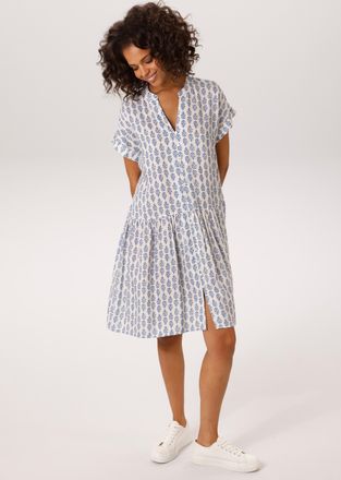 Aniston Sommerkleid ANISTON CASUAL, Damen, Gr. 36, N-Gr, wollwei&szlig;, blau, Web, Obermaterial: 100% Viskose, bedruckt, gemustert, l&auml;ssig geschnitten kniefrei, V-