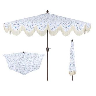 Jonathan Y Designs Beverly 9 ft. Designer Classic Scalloped Fringe Half Market Patio Umbrella with Crank, Push Button Tilt and UV Protection in Blue/white at