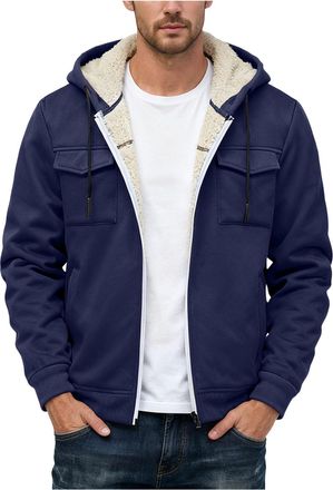 Generic Mens Fleece Jackets Full Zip Mens Autumn/Winter Coat Thickened Fleece Lined Jacket Oversized Hooded Sweatshirt Cardigan Casual Jacket Solid Colors Hoo