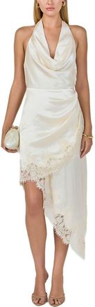 endless rose Lace Satin Asymmetric Halter Midi Dress in Champagne at Nordstrom, Size X-Small