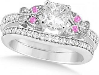Allurez Princess Diamond & Pink Sapphire Butterfly Bridal Set in 14k W Gold (0.71ct)