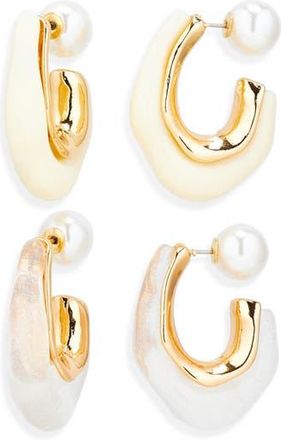 Natasha Set of 2 Resin & Faux Pearl Molten Hoop Earrings in Gold Cream Clear at Nordstrom Rack