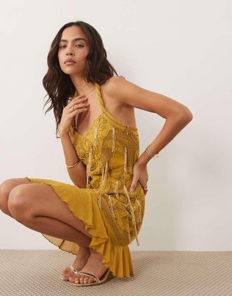 Asos Vestito corto allacciato al collo con paillettes e frange color oliva-Verde