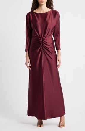 Julia Jordan Ruched Detail Long Sleeve Satin Gown in Wine at Nordstrom, Size 10