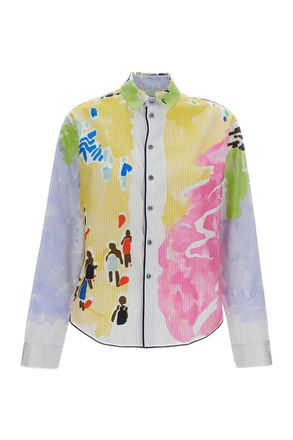 Rohka Watercolor-Print Cropped Cotton Shirt with Pointed Collar