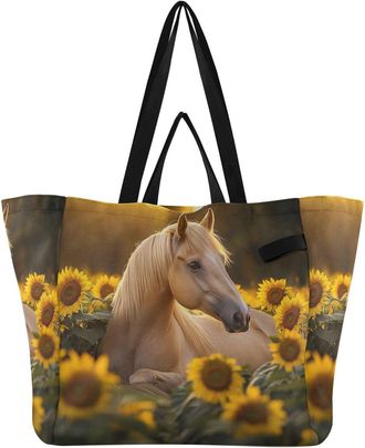 Generic Horse Sunflowers Field Golden pattern Reusable Canvas Tote Bag, Heavy Duty Grocery Shopping Bag with Hard Bottom Double Handles Large Capacity Work Gr