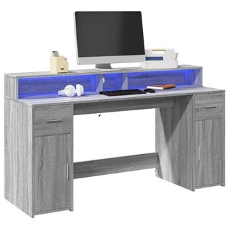 Berkfield Home Desk with LED Lights Grey Sonoma 160x55x91 cm Engineered Wood | Size: 160 x 55 x 91 cm