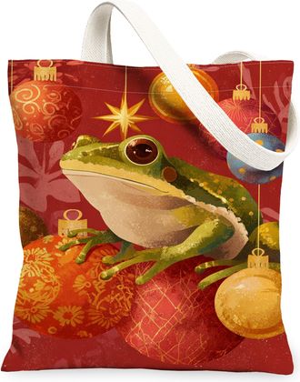 Generic Christmas Amphibian Canvas Tote Bags, Decorative Animal Pattern Reusable Grocery Bags, Festive Lightweight Washable Shoulder Strap Canvas for Outdoor 