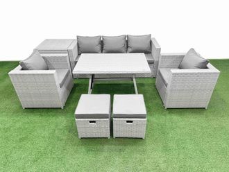 Fimous 8 Pieces Outdoor PE Rattan Sofa Armchair Set with Side Table 2 Stools in Light Grey