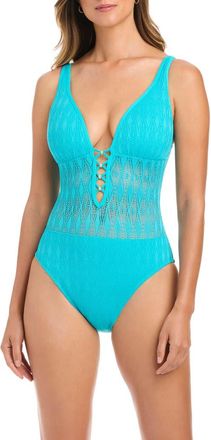 Bleu Rod Beattie Lace Overlay One-Piece Swimsuit in Waterfall at Nordstrom, Size 14