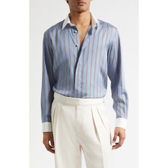 Tom Ford Fluid Fit Stripe Silk Jacquard Button-Up Shirt in Blue Multicolor at Nordstrom, Size 41