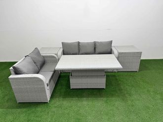 Fimous 5 Seater PE Rattan Wicker Garden Furniture Patio Conservatory Sofa Set w/ Adjustable Lifting Dining or Coffee Table 3 Seater Sofa Love Sofa 2