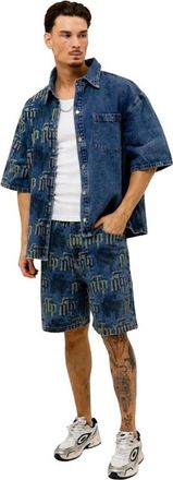 Off the Pitch Overhemden, Heren, Blauw, XL, Denim, Fraktur Bedrukte Denim Overhemd