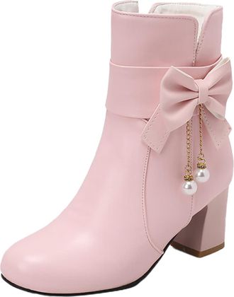 Generic 2023 Fall Winter Korean Bow Ankle Boots Women Fashion Cute College Style Short Boots Comfortable Casual Footwear (4.5) Pink