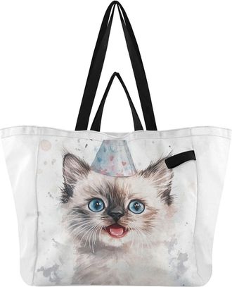 Generic Cat Hat White print Reusable Canvas Tote Bag, Heavy Duty Grocery Shopping Bag with Hard Bottom Large Capacity Double Handles Work Groceries Travel