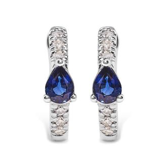 House of Brilliance 10K White Gold Pear Shaped Blue Sapphire and 1/10 Cttw Diamond Huggy Hoop Earrings (H-I Color, I1-I2 Clarity)