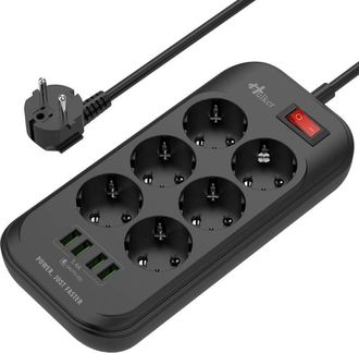 OEM Regleta Usb Con 6 Tomas De Corriente, 4 Puertos Usb, Protecci&oacute;n Contra Sobretensiones, Cable De 2 M, Enchufe Europeo