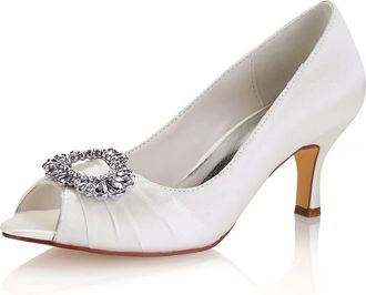 Emily Bridalwear Silk Mother Shoes Rhinestones Peep Toe Wedding Shoes Kitten Heel Wedding Guest Shoes (EU39/UK6, Ivory)