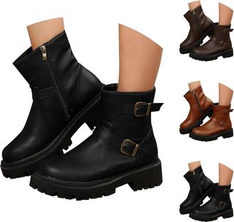 Generic Walking Boots Womens Winter Ankle Waterproof Faux Leather Boot Side Zipper Buckle Chunky Heeled Combat Boot Lightweight Outdoor Warm Shoes Ladies Non 