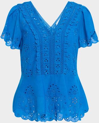 Johnny Was Elizabeth Eyelet-Embroidered Peplum Blouse