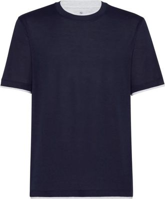 Brunello Cucinelli Gelaagde Zijde-Katoen T-shirts en Polos - Heren - T-shirts - Blauw - 2XL - Katoen - Tops