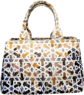 Prada Blue Orange Canvas Handbag Tote Bag (Pre-Owned)