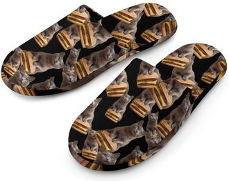 Generic Cat Sitting on Hamburger Mens Cozy Memory Foam Slippers Warm Cotton House Shoes Comfy Slipper for Indoor Outdoor