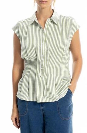 Max Studio Pin Tuck Pleat Button Front Shirt in Green/Ivory Even Stripe at Nordstrom Rack, Size X-Large
