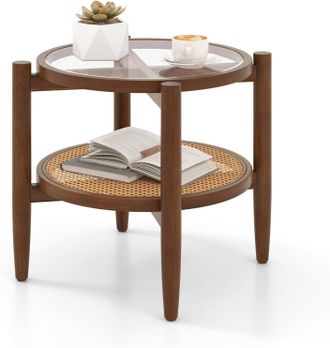 Costway Costway - Mesa Auxiliar Redonda, Mesa De Caf&eacute; De Rat&aacute;n Pe De 2 Niveles, Mesa Auxiliar Peque&ntilde;a Con Tapa De Vidrio Templado Y Patas De Madera, Mesita De